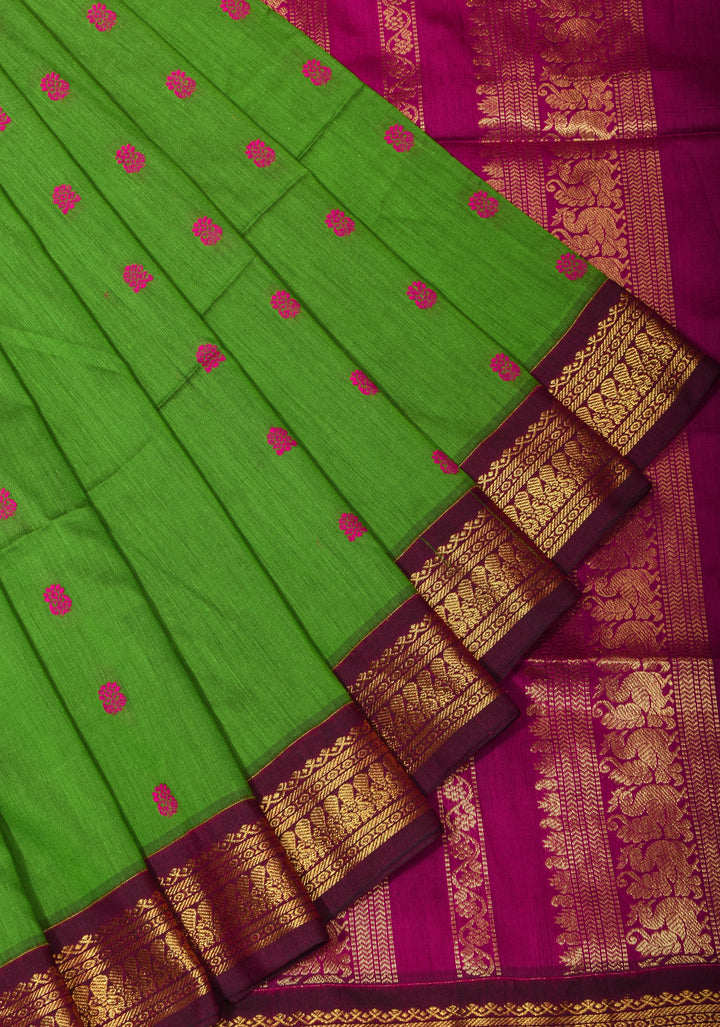 Leaf Green Venkatagiri Cotton Silk Saree with Maroon Contrast Zari Borders