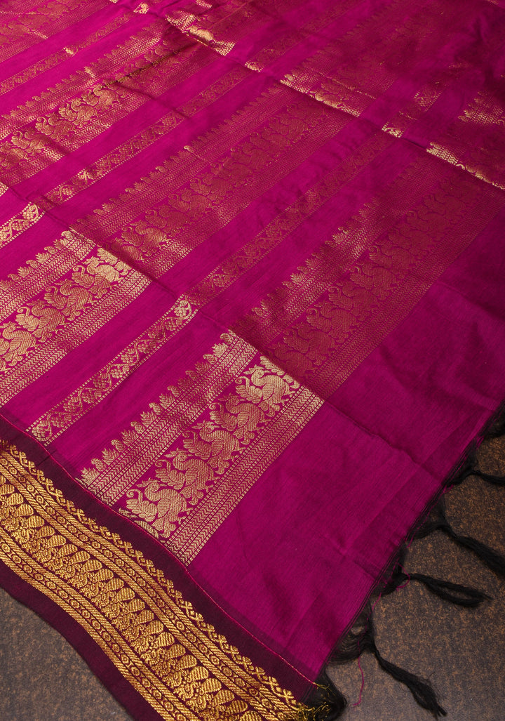 Leaf Green Venkatagiri Cotton Silk Saree with Maroon Contrast Zari Borders