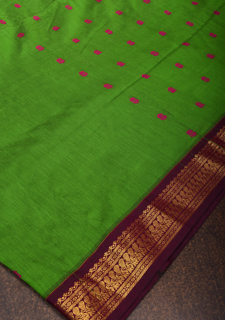Leaf Green Venkatagiri Cotton Silk Saree with Maroon Contrast Zari Borders