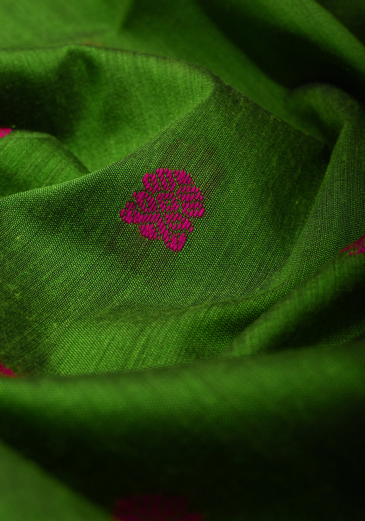 Leaf Green Venkatagiri Cotton Silk Saree with Maroon Contrast Zari Borders