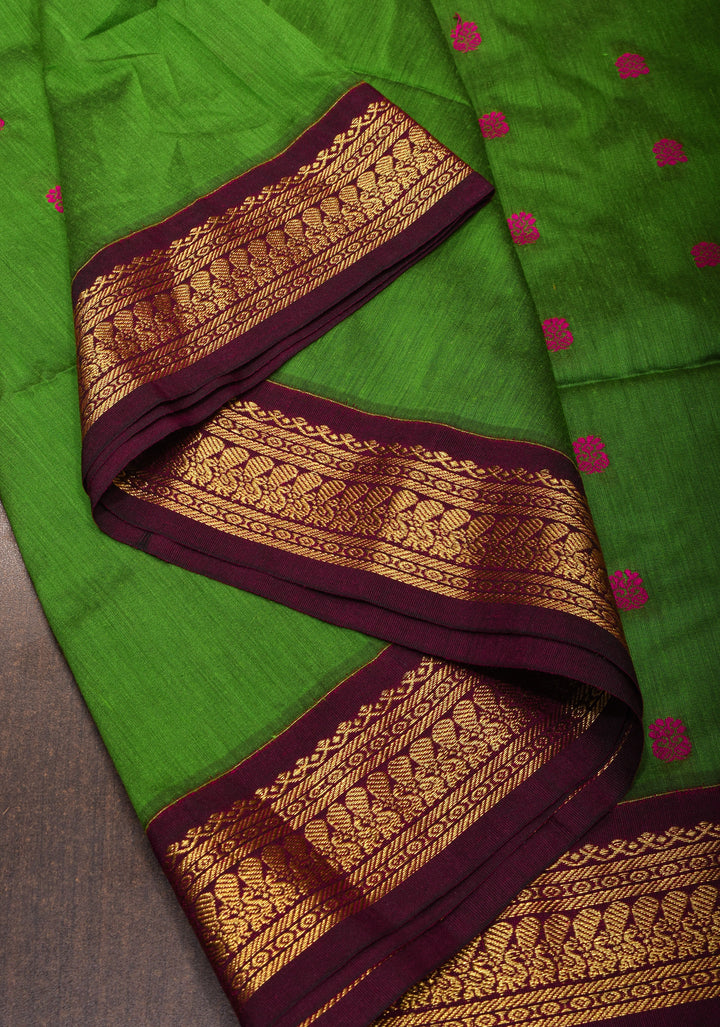 Leaf Green Venkatagiri Cotton Silk Saree with Maroon Contrast Zari Borders