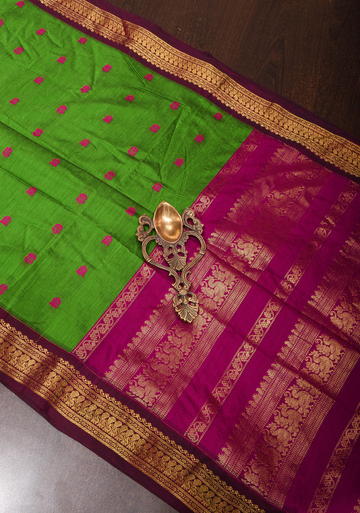 Leaf Green Venkatagiri Cotton Silk Saree with Maroon Contrast Zari Borders