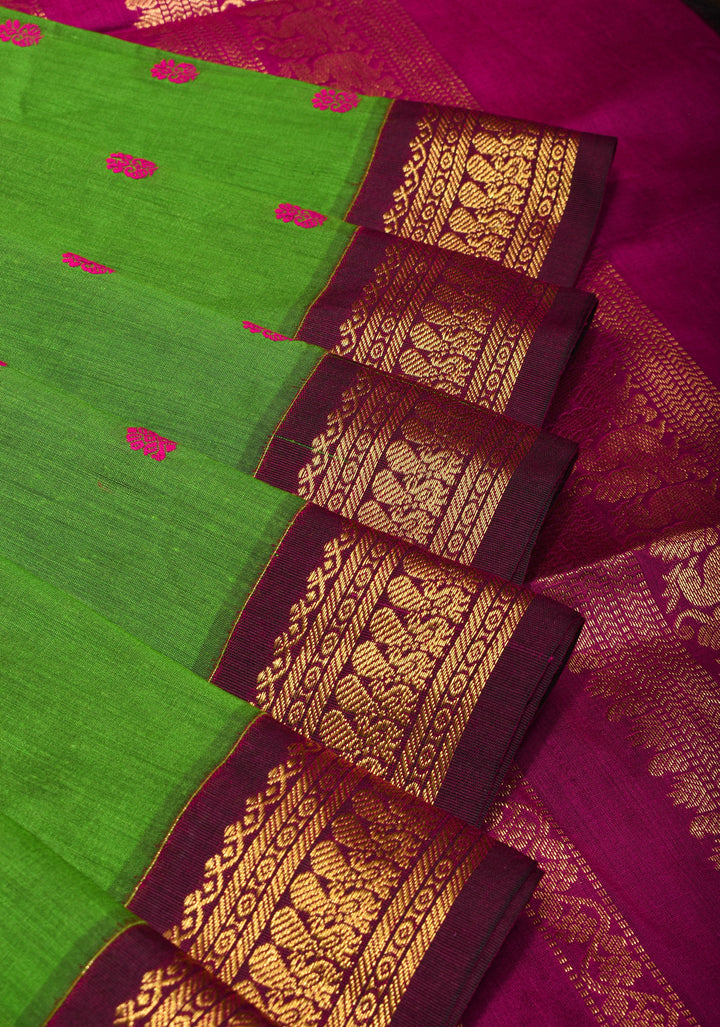 Leaf Green Venkatagiri Cotton Silk Saree with Maroon Contrast Zari Borders