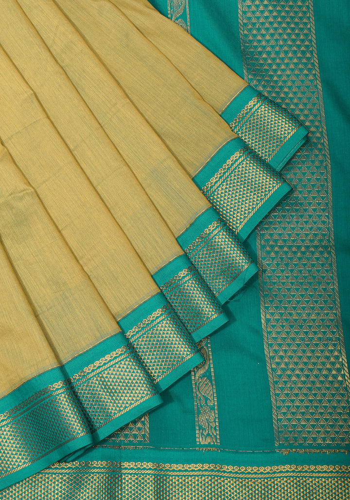 Elegant Tan Dual-Tone Silk Saree with Contrasting Teal Border