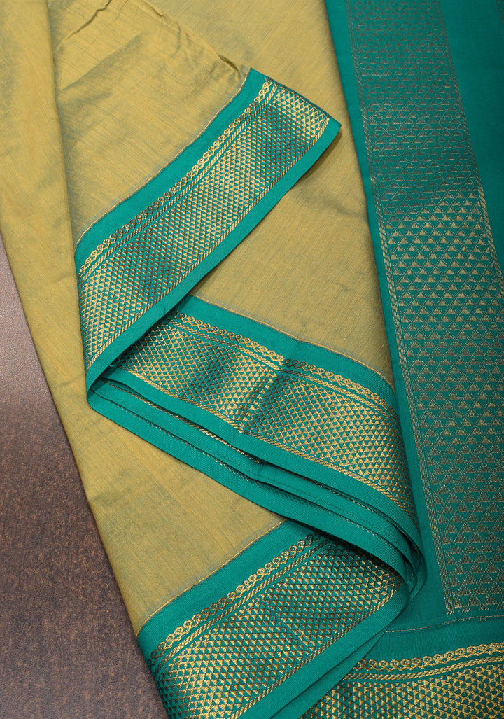 Elegant Tan Dual-Tone Silk Saree with Contrasting Teal Border