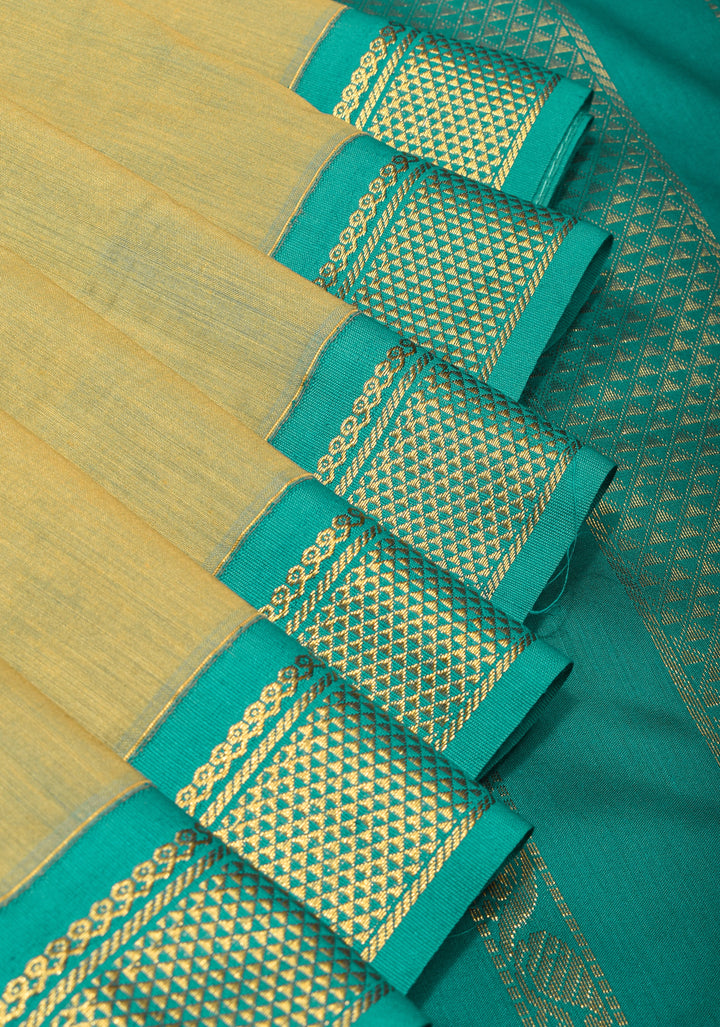 Elegant Tan Dual-Tone Silk Saree with Contrasting Teal Border