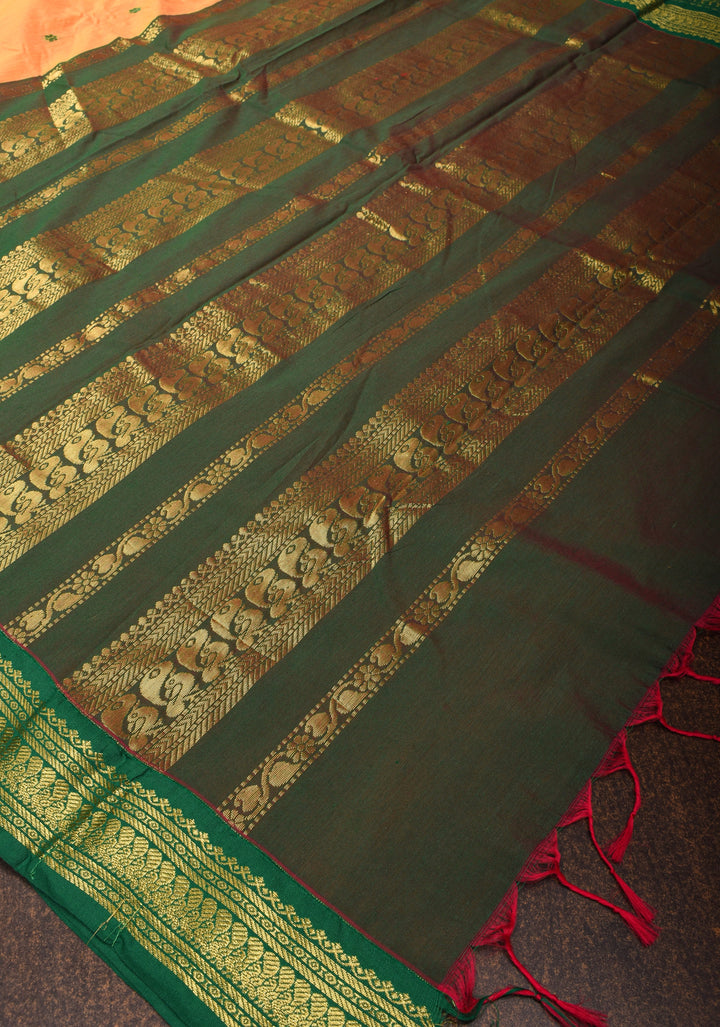 Pale Orange Cotton Silk Saree with Zari borders and Green Contrast