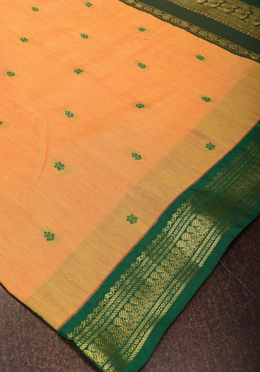 Pale Orange Cotton Silk Saree with Zari borders and Green Contrast