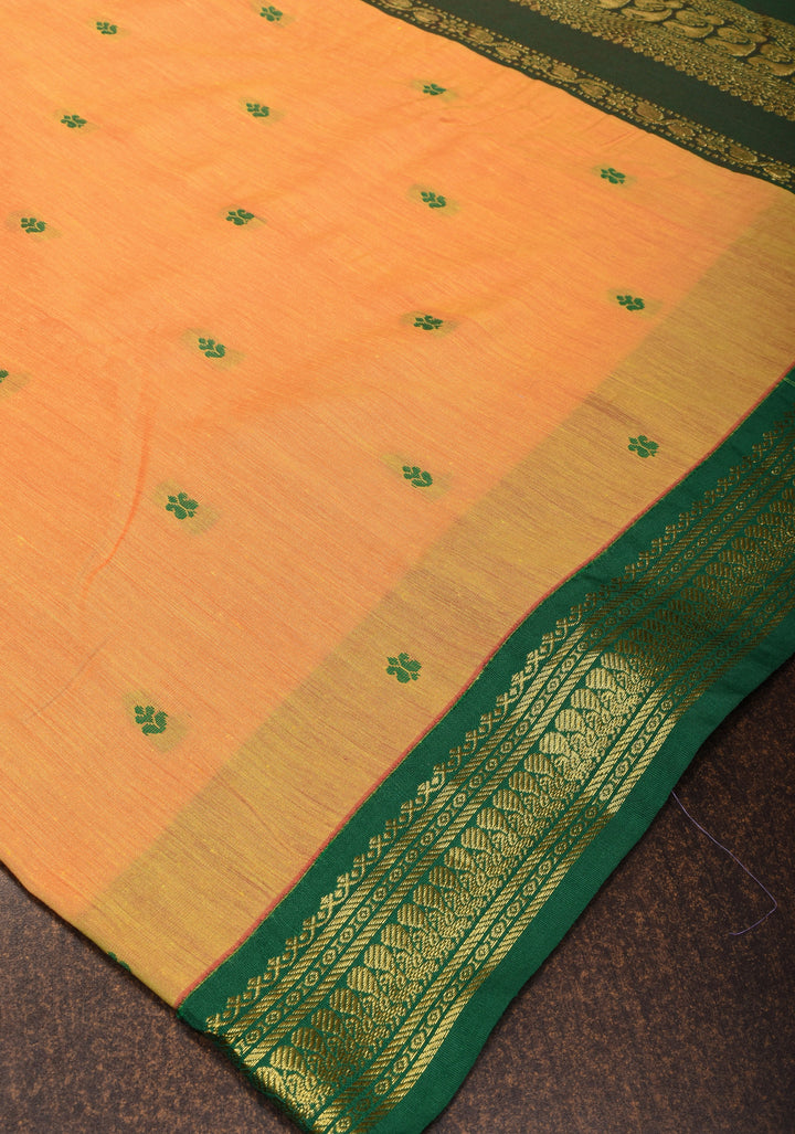 Pale Orange Cotton Silk Saree with Zari borders and Green Contrast