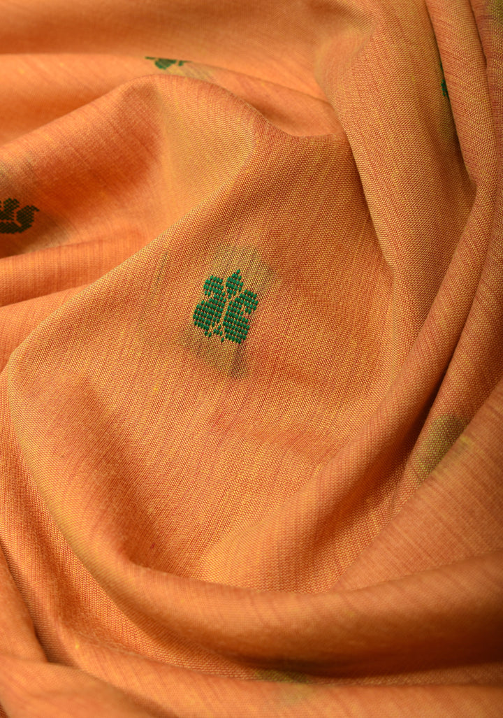 Pale Orange Cotton Silk Saree with Zari borders and Green Contrast