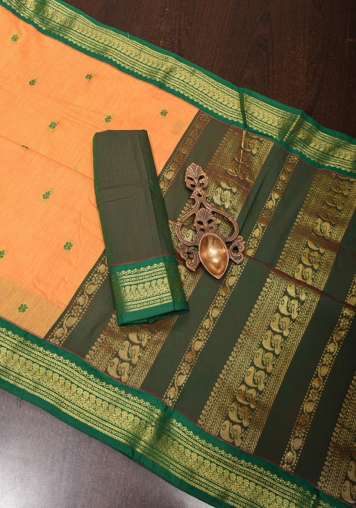Pale Orange Cotton Silk Saree with Zari borders and Green Contrast