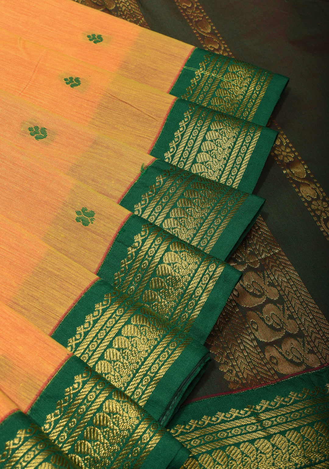 Pale Orange Cotton Silk Saree with Zari borders and Green Contrast