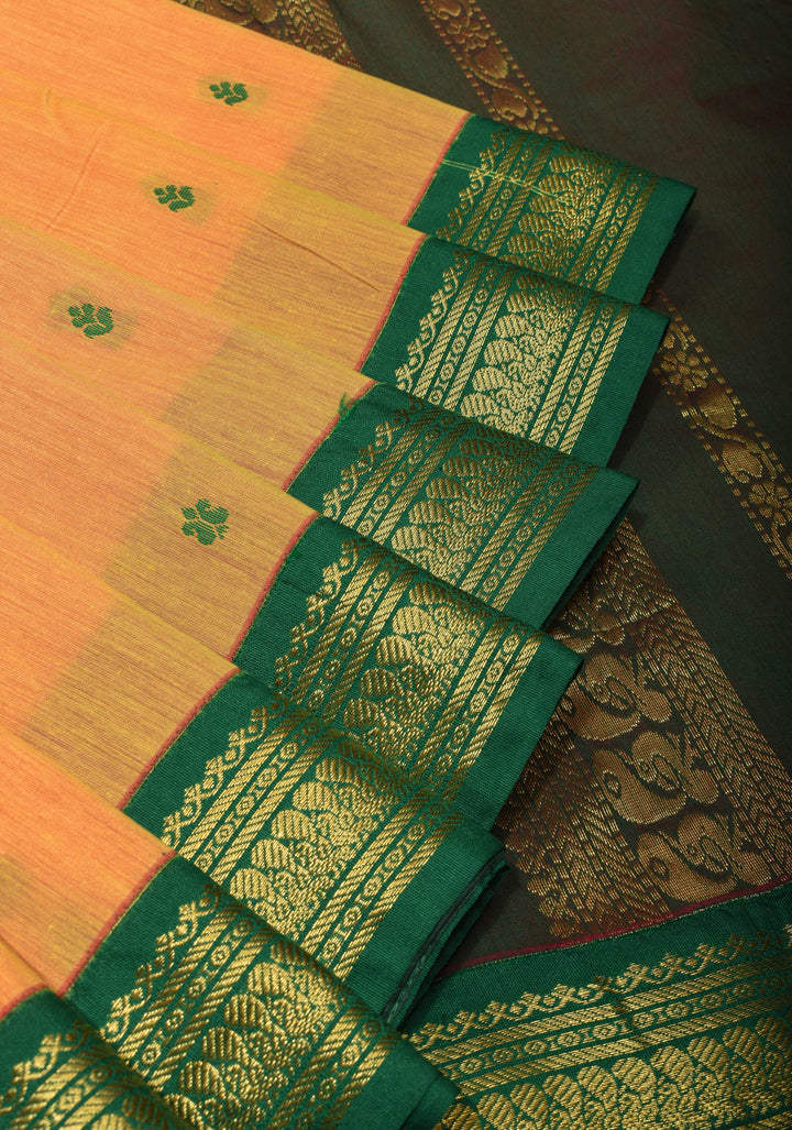 Pale Orange Cotton Silk Saree with Zari borders and Green Contrast