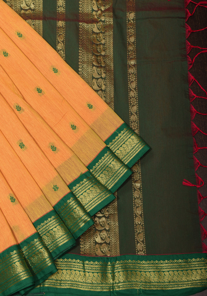 Pale Orange Cotton Silk Saree with Zari borders and Green Contrast