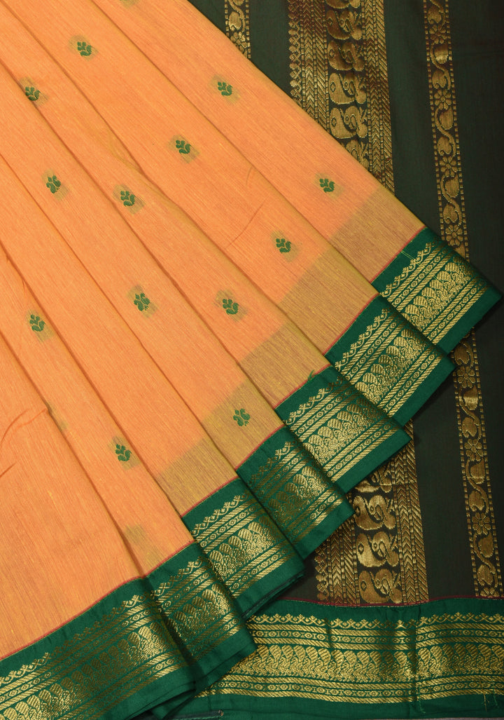Pale Orange Cotton Silk Saree with Zari borders and Green Contrast