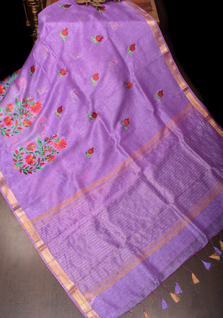 Anar Buttas and Floral embroidery on Silk Linen Saree In Lilac
