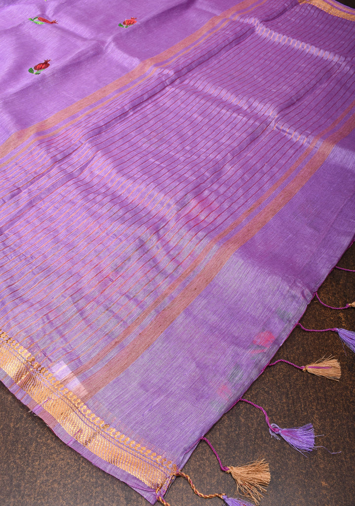 Anar Buttas and Floral embroidery on Silk Linen Saree In Lilac