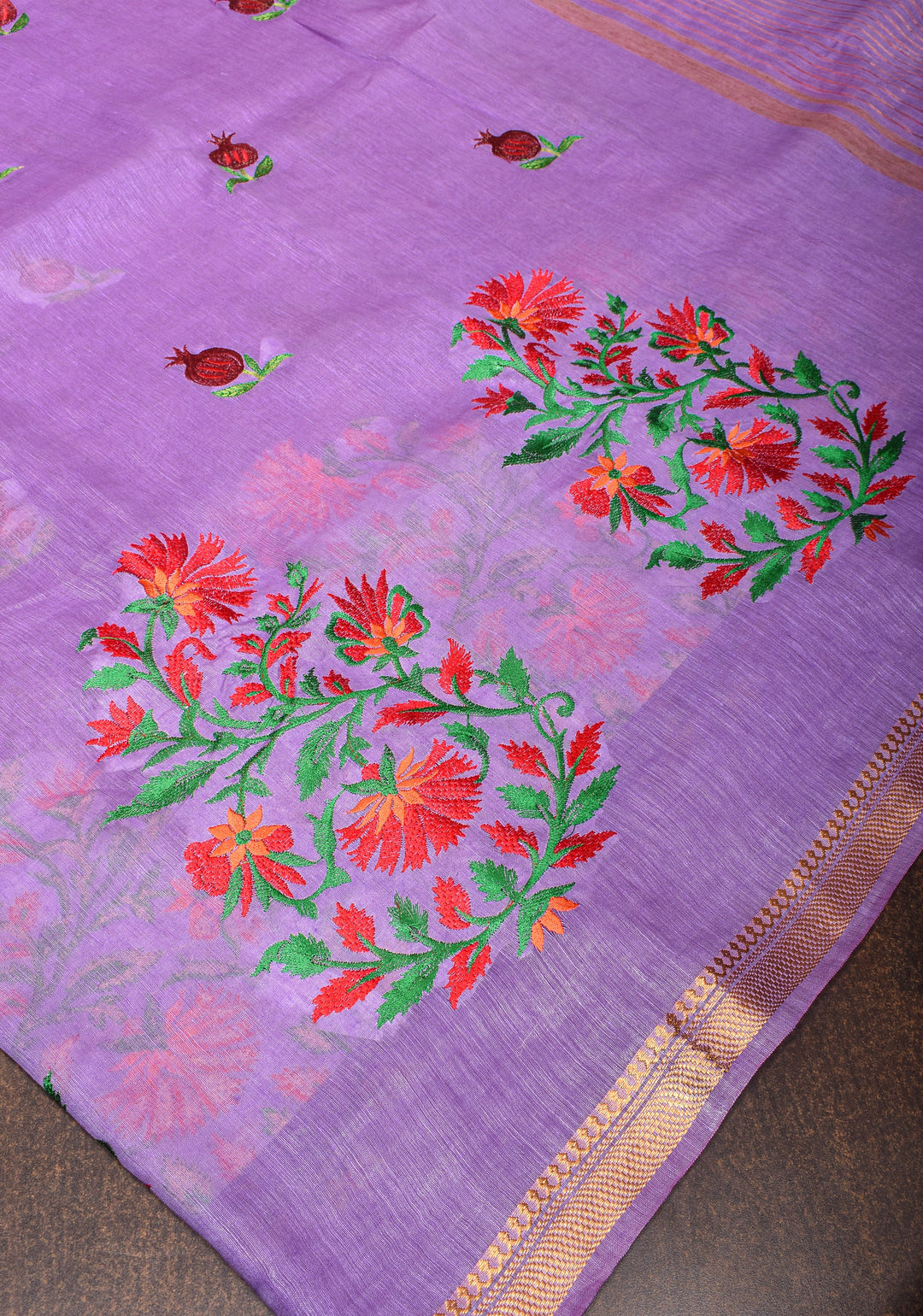 Anar Buttas and Floral embroidery on Silk Linen Saree In Lilac