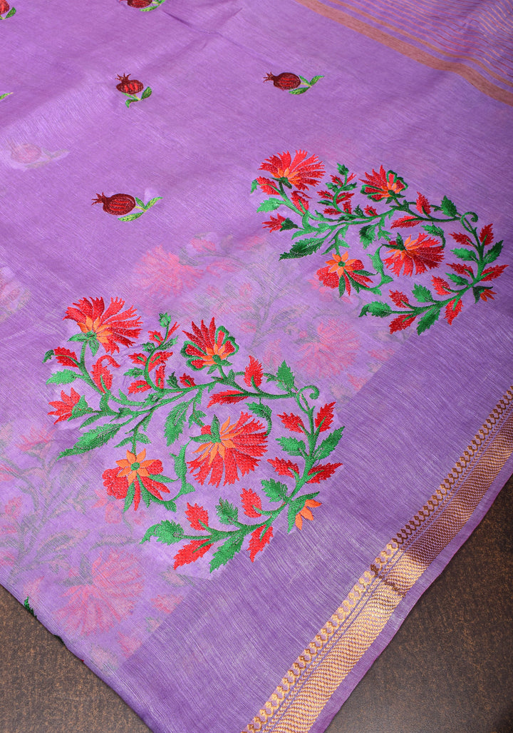 Anar Buttas and Floral embroidery on Silk Linen Saree In Lilac