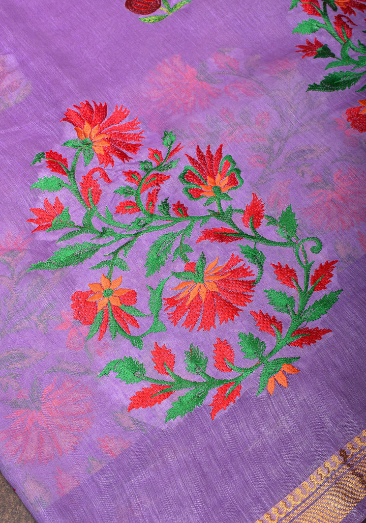Anar Buttas and Floral embroidery on Silk Linen Saree In Lilac