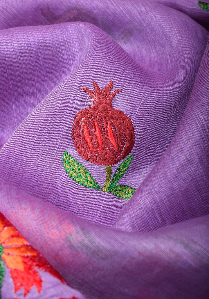 Anar Buttas and Floral embroidery on Silk Linen Saree In Lilac