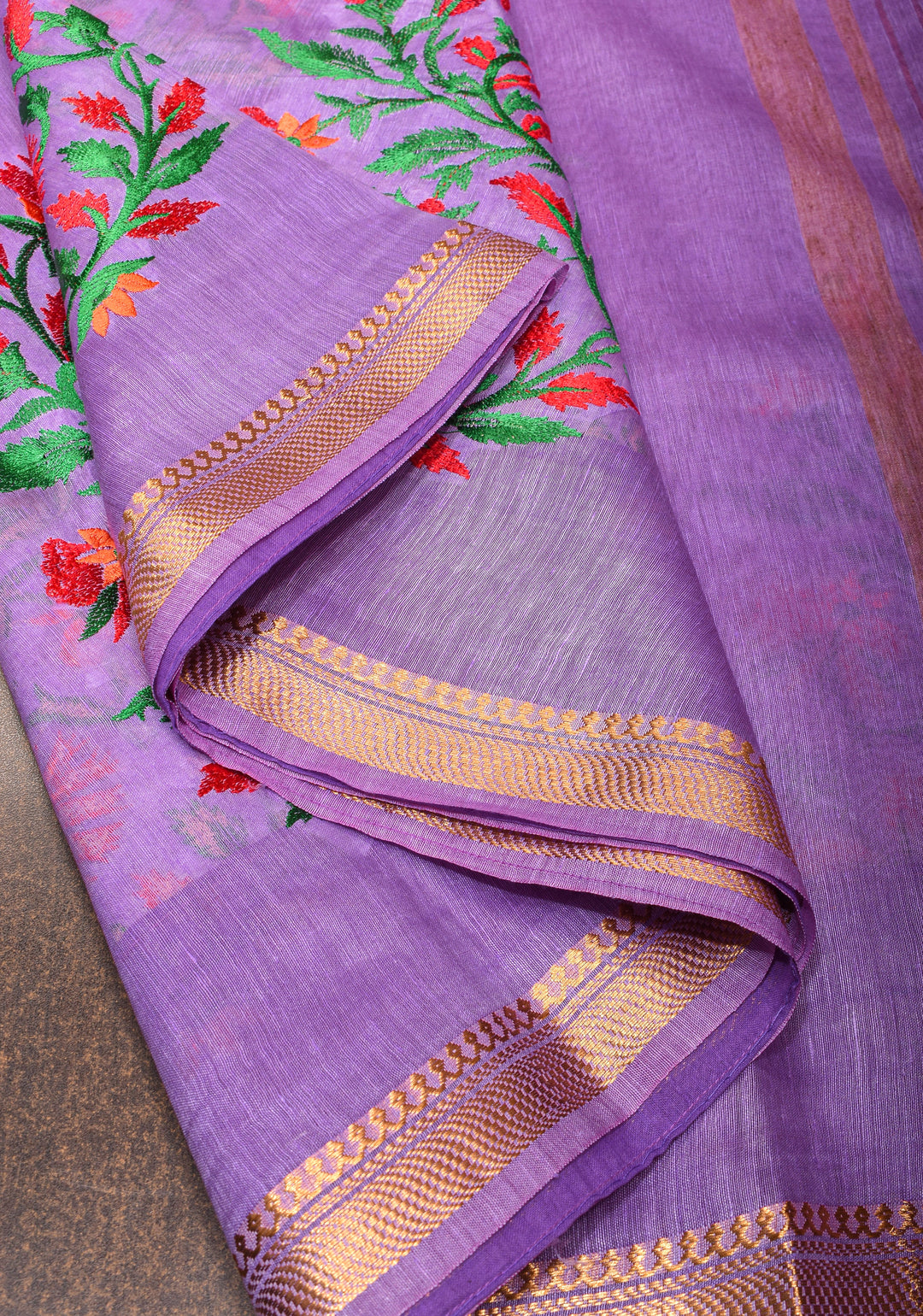 Anar Buttas and Floral embroidery on Silk Linen Saree In Lilac