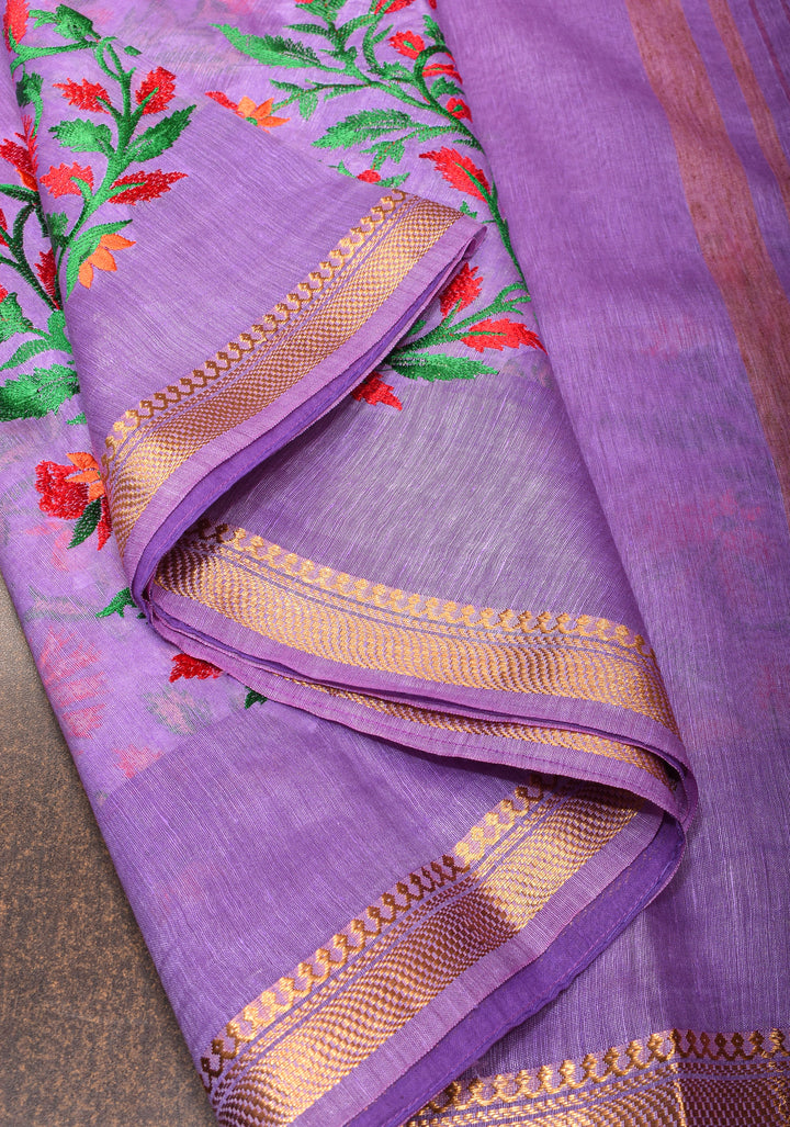 Anar Buttas and Floral embroidery on Silk Linen Saree In Lilac