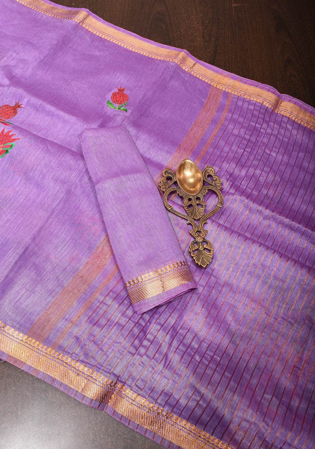 Anar Buttas and Floral embroidery on Silk Linen Saree In Lilac