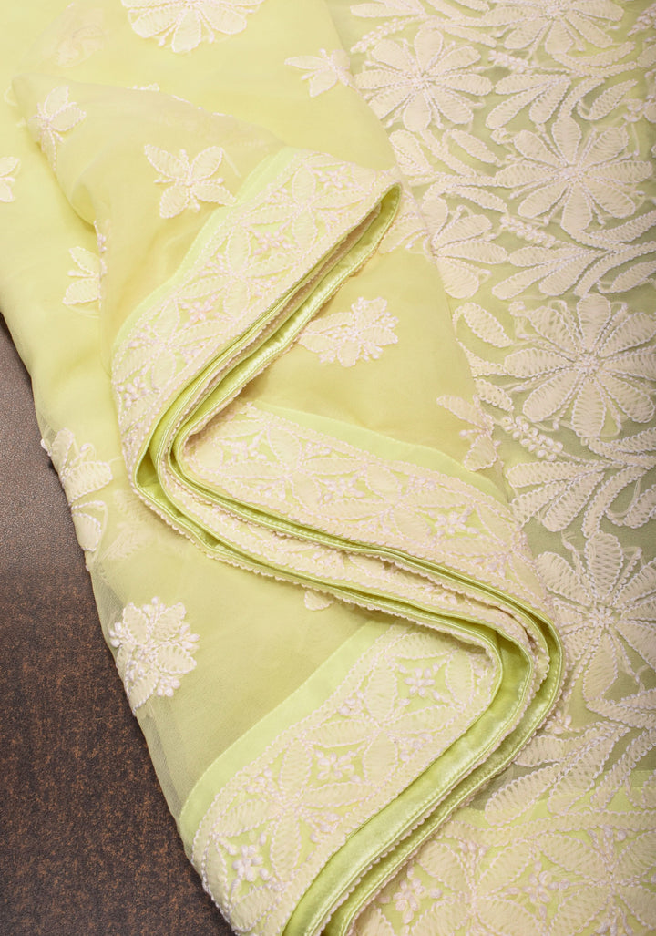 Hand Chikankari on pastel butter yellow with full body buttas and satin trim