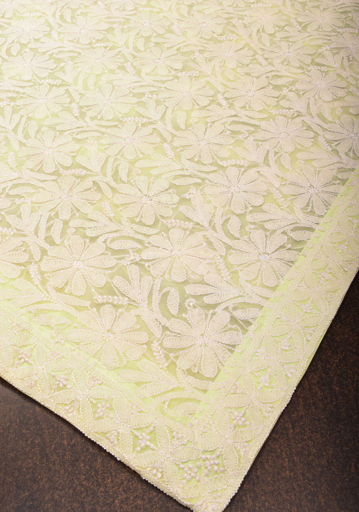 Hand Chikankari on pastel butter yellow with full body buttas and satin trim