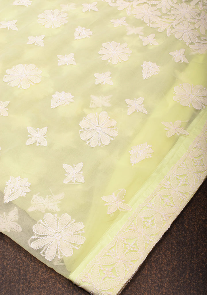 Hand Chikankari on pastel butter yellow with full body buttas and satin trim