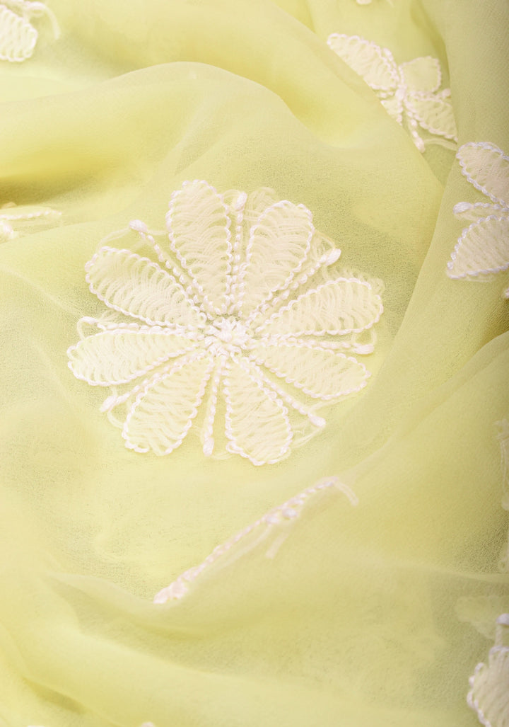 Hand Chikankari on pastel butter yellow with full body buttas and satin trim