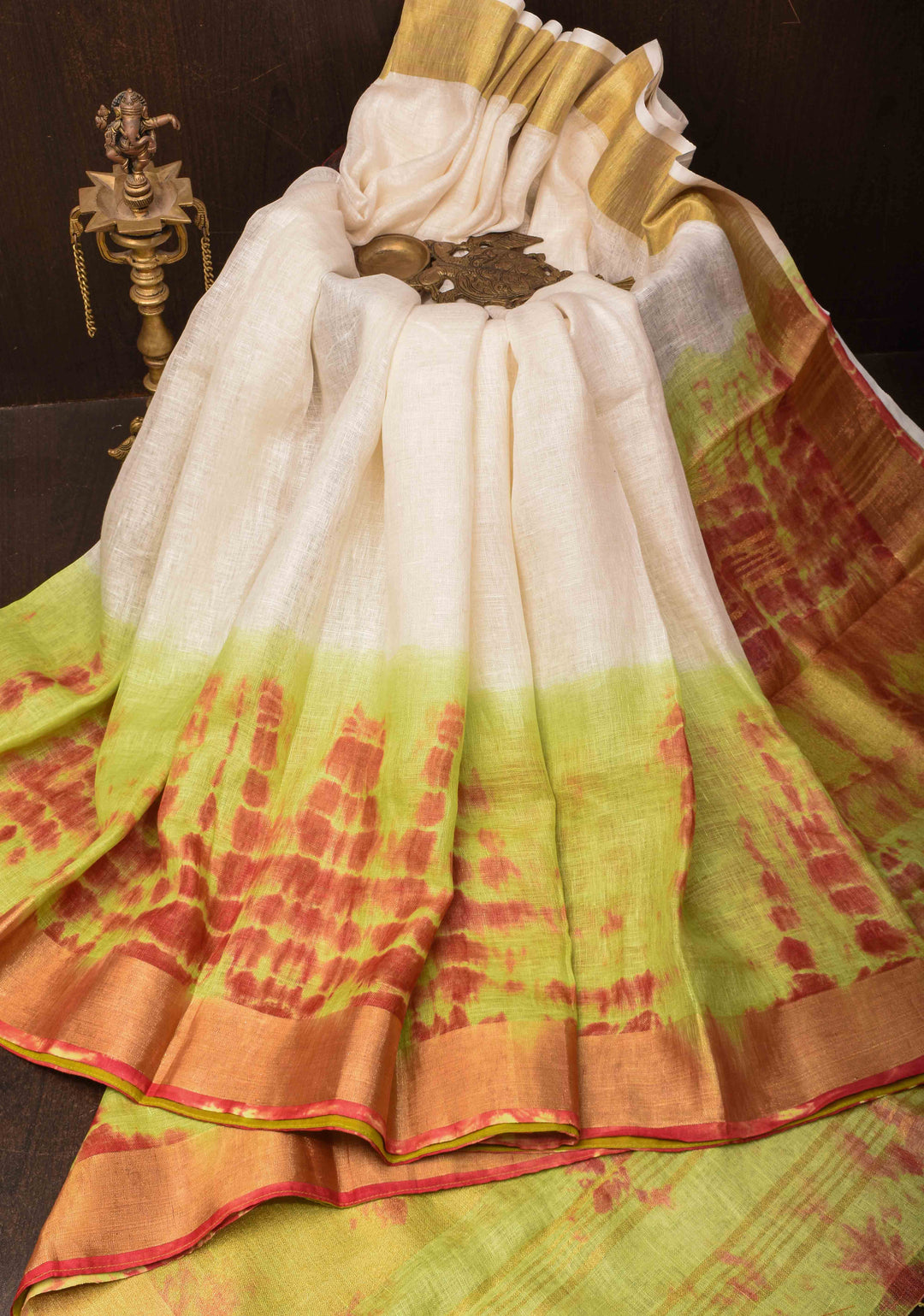 Off White and Green Shibori Linen by Linen Saree and Zari Border