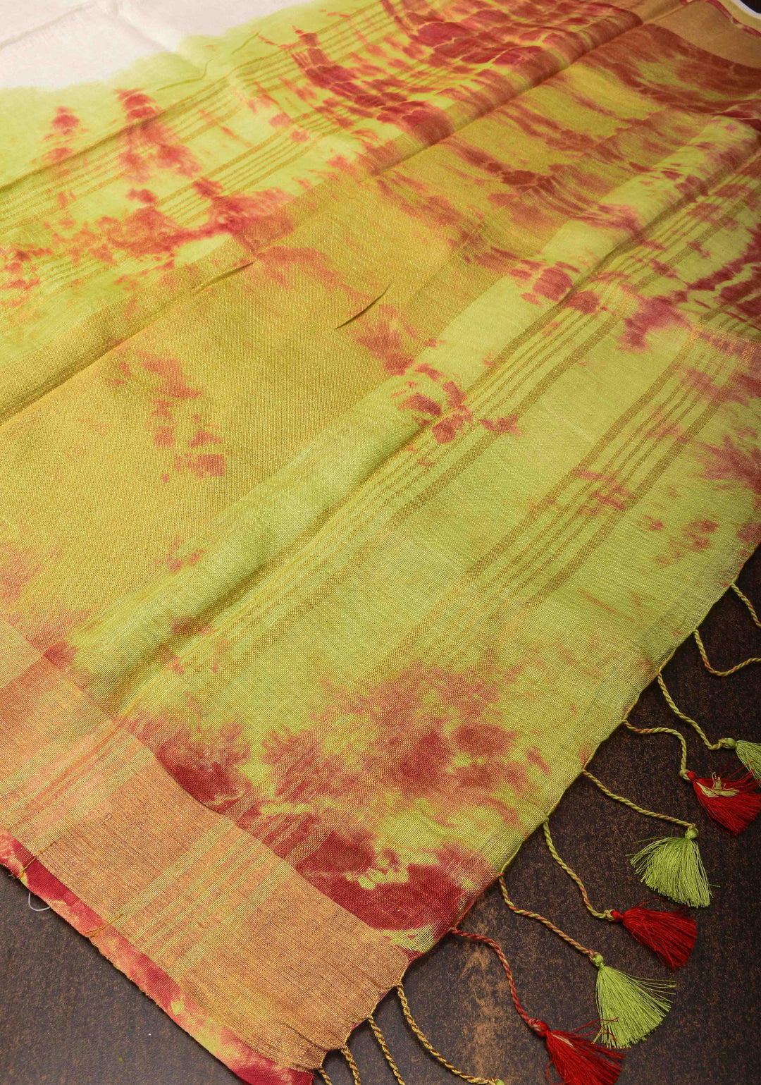 Off White and Green Shibori Linen by Linen Saree and Zari Border