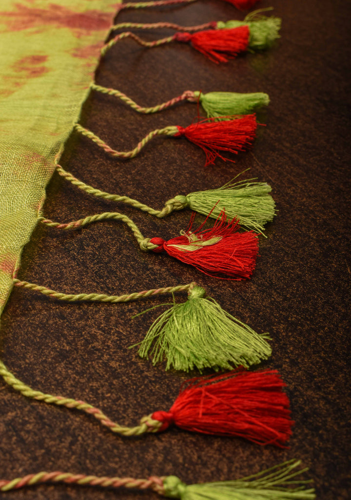 Off White and Green Shibori Linen by Linen Saree and Zari Border