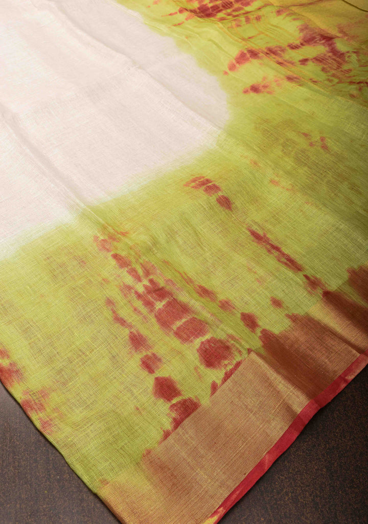 Off White and Green Shibori Linen by Linen Saree and Zari Border