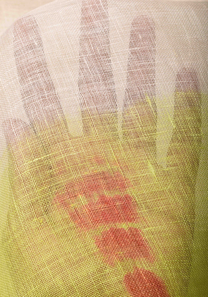 Off White and Green Shibori Linen by Linen Saree and Zari Border