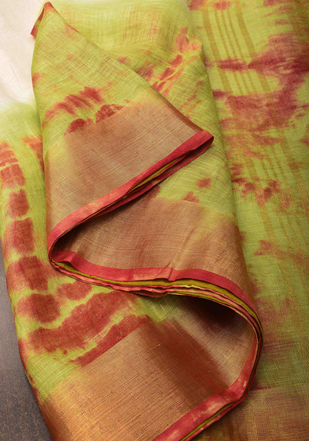 Off White and Green Shibori Linen by Linen Saree and Zari Border