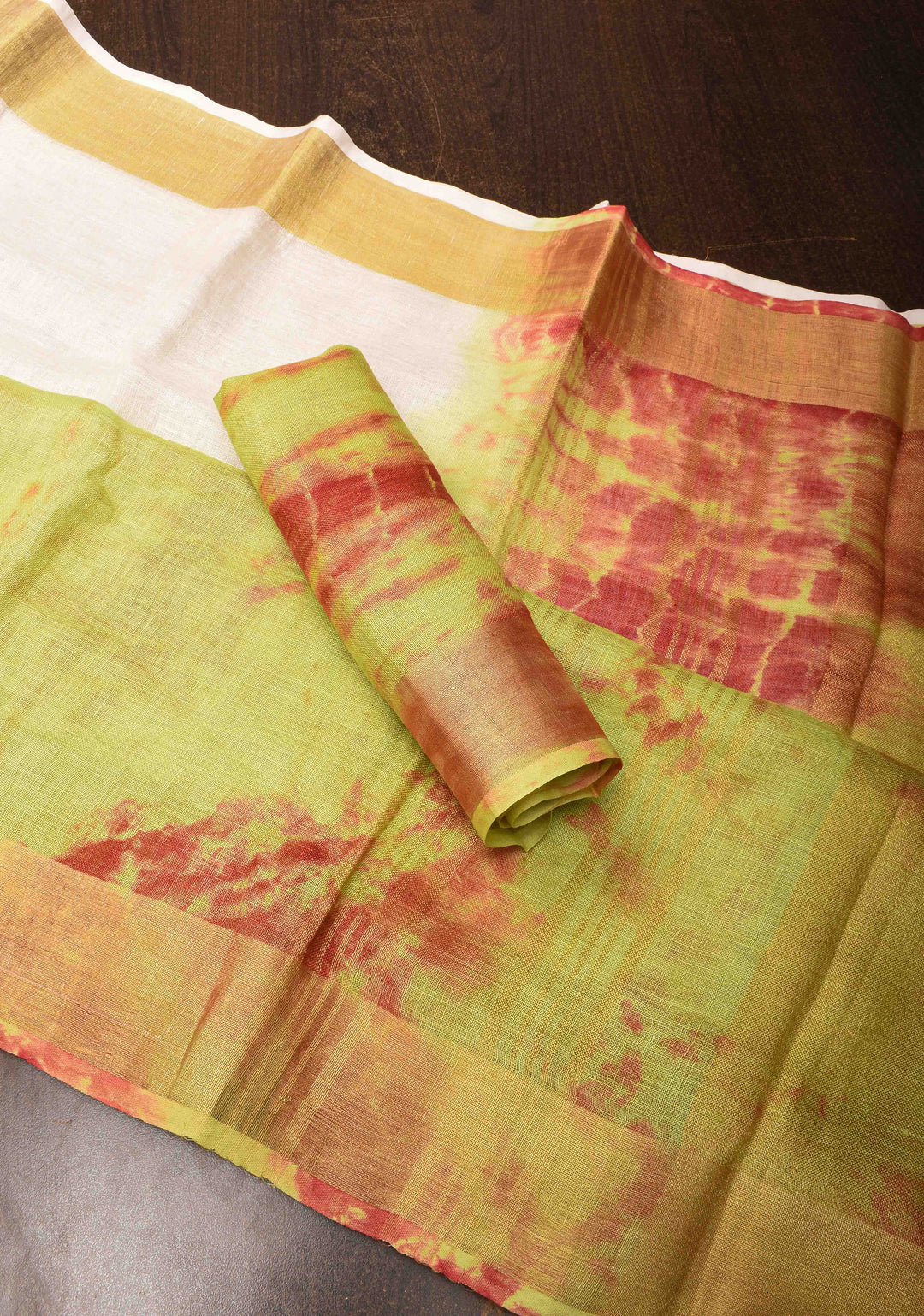Off White and Green Shibori Linen by Linen Saree and Zari Border