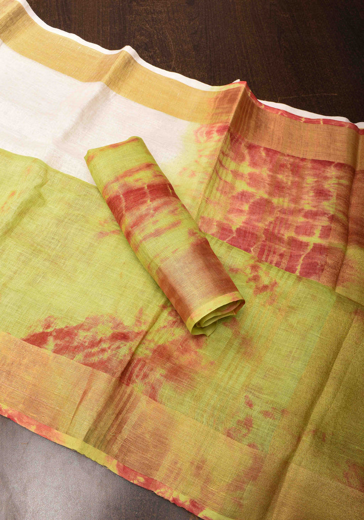 Off White and Green Shibori Linen by Linen Saree and Zari Border
