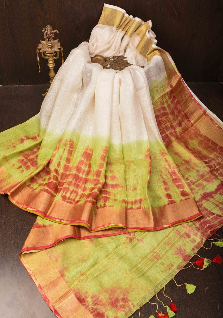 Off White and Green Shibori Linen by Linen Saree and Zari Border