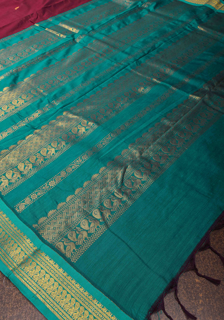 Maroon Cotton Silk Saree with Zari Buttas and  Contrast Teal Border