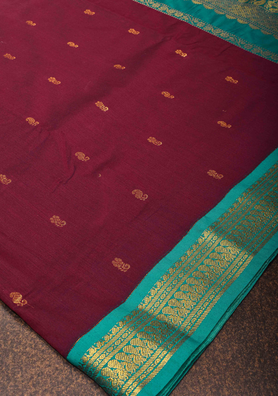 Maroon Cotton Silk Saree with Zari Buttas and  Contrast Teal Border