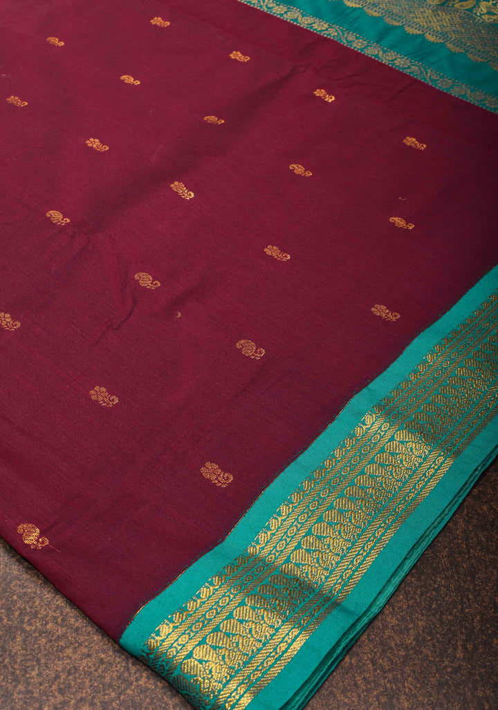 Maroon Cotton Silk Saree with Zari Buttas and  Contrast Teal Border