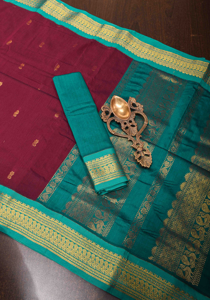 Maroon Cotton Silk Saree with Zari Buttas and  Contrast Teal Border