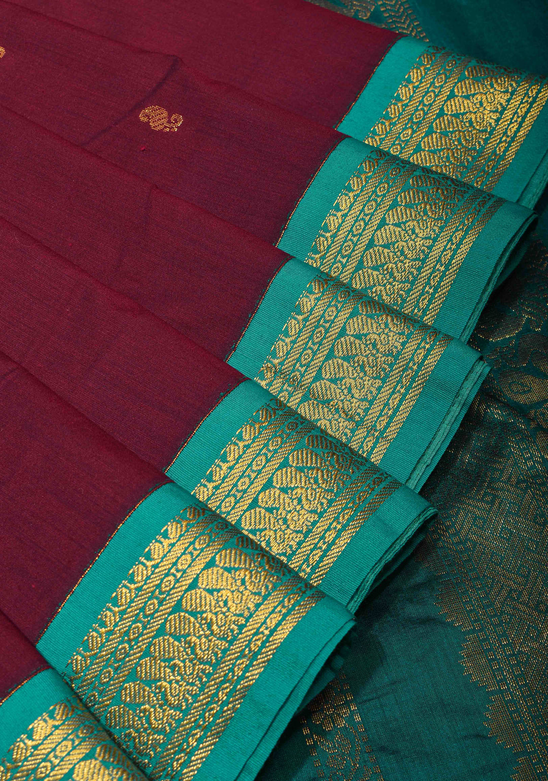 Maroon Cotton Silk Saree with Zari Buttas and  Contrast Teal Border