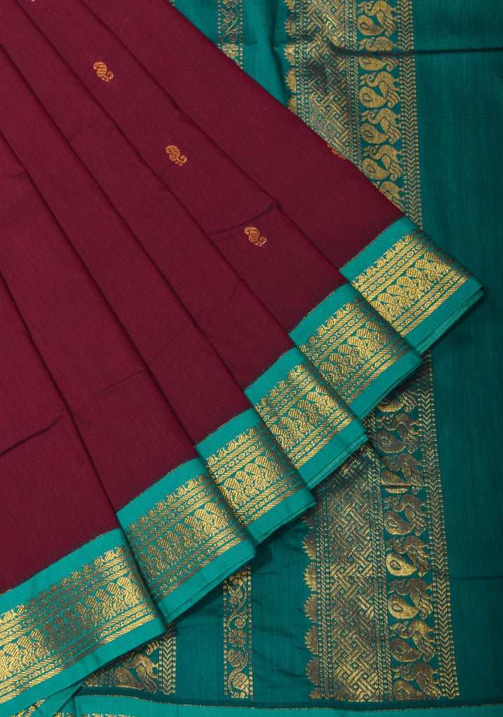 Maroon Cotton Silk Saree with Zari Buttas and  Contrast Teal Border