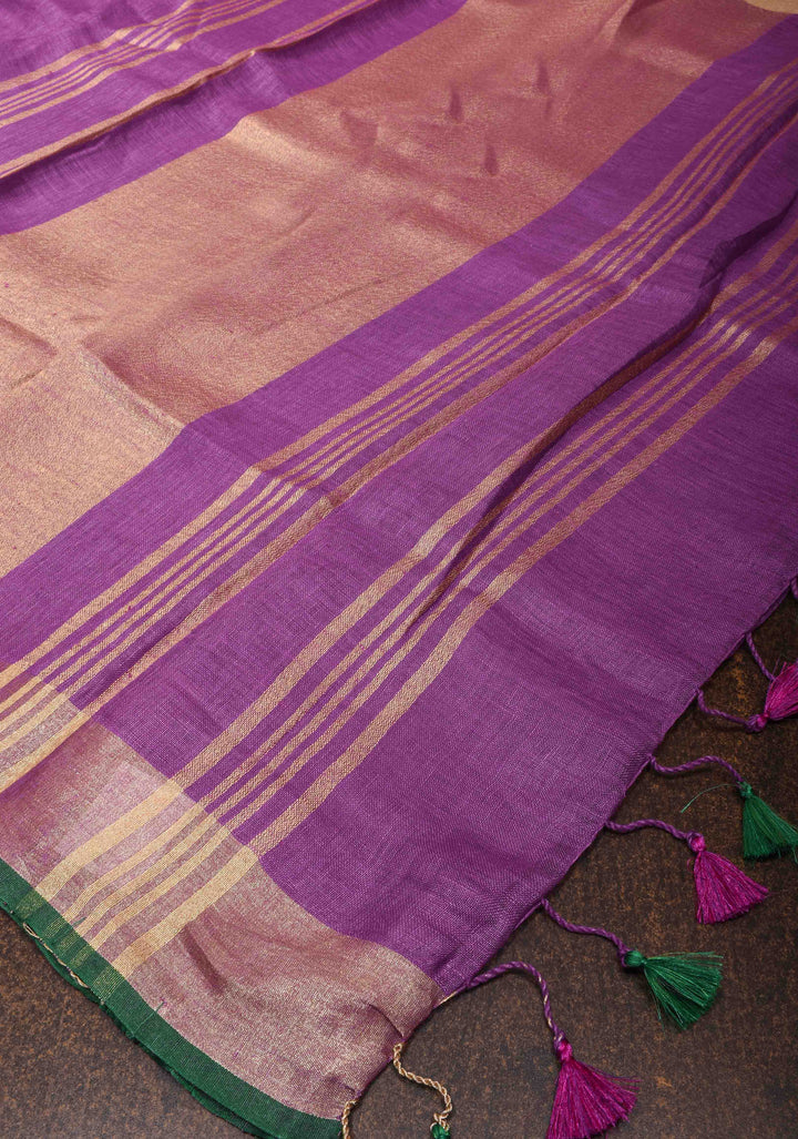 Purple Linen by Linen Saree with Zari Border and contrast green blouse Peice