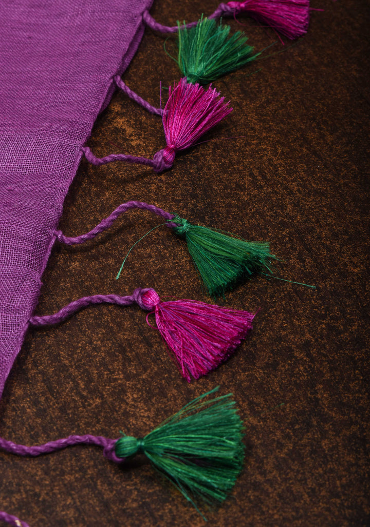 Purple Linen by Linen Saree with Zari Border and contrast green blouse Peice