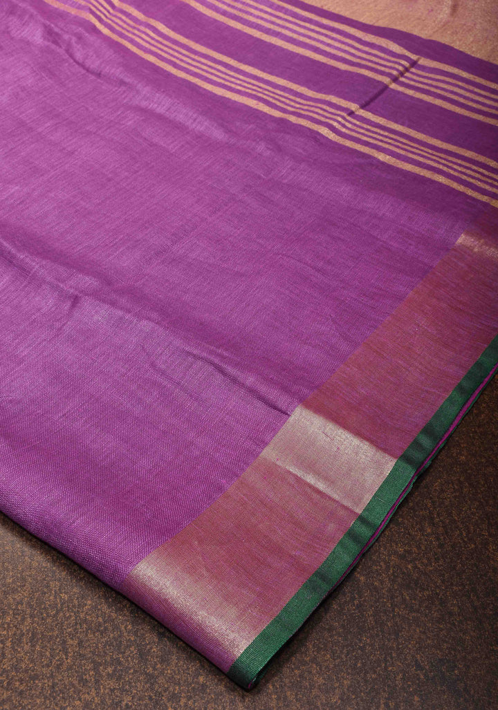 Purple Linen by Linen Saree with Zari Border and contrast green blouse Peice